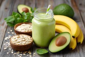 Green smoothie with banana, avocado, spinach and rolled oats on rustic wooden table photo