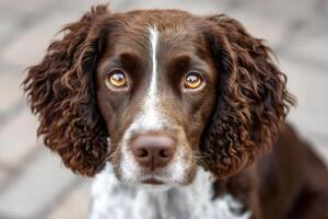 Springer spaniel dog staring with intense amber eyes and brown and white fur photo