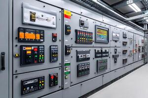 Electrical control room showing multiple panels with buttons, indicators, and screens displaying important information photo