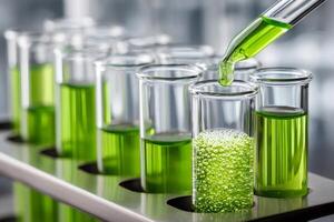 Scientist dropping green liquid into test tube creating bubbles during experiment photo