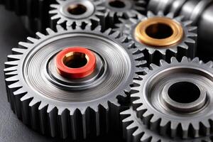 Interlocking metal gears working together in a complex mechanism photo