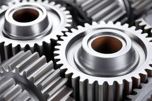 Close up of interlocking metal gears representing teamwork and precision engineering photo