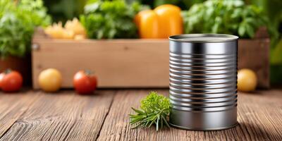 Unopened tin can standing on rustic wooden table with fresh herbs and vegetables photo