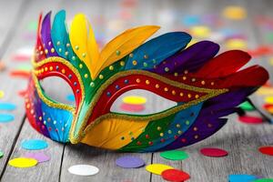 Colorful carnival mask resting on wooden table with confetti... photo