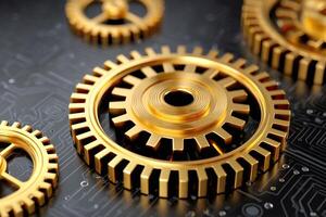 Golden gears rotating on circuit board, artificial intelligence and automation photo