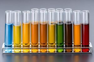 Test tubes showing colorful chemical liquid samples in a laboratory setting photo