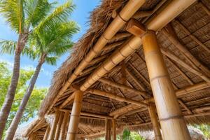 bambú vigas y tejado de paja techo creando un tropical paraíso debajo palma arboles foto