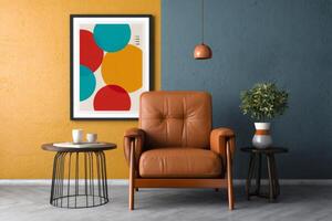 Modern interior design with comfortable leather armchair and colorful abstract art photo