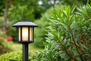 Garden lamp illuminating backyard bushes in summer evening photo