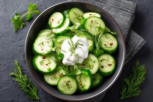 Cucumber salad with yogurt, dill, and chili flakes in a bowl photo