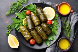 Delicious dolma with lemon and herbs on black plate photo