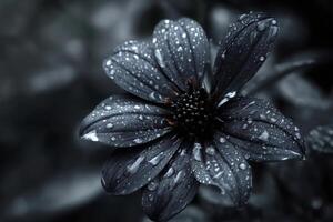 Dark moody flower covered in dew drops in black and white photo