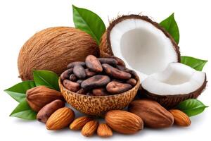 Coconut, cocoa beans, and almonds creating a tempting tropical blend photo
