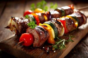 Grilled meat and vegetable skewers resting on rustic wooden cutting board photo