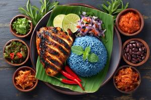 Nasi kerabu with grilled chicken, condiments and vegetables on banana leaf photo