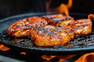 Marinated chicken breasts grilling on cast iron pan over flames photo
