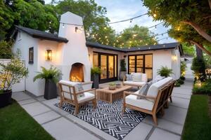 Modern backyard patio with fireplace and string lights illuminating the space at dusk photo