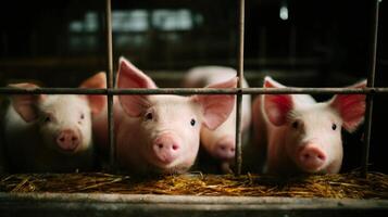Piglets waiting for food behind bars in pig farm photo