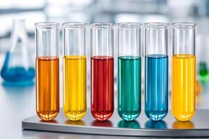 Test tubes containing colorful chemical substances in laboratory setting photo