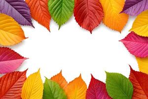 Colorful autumn leaves frame creating white copy space background photo