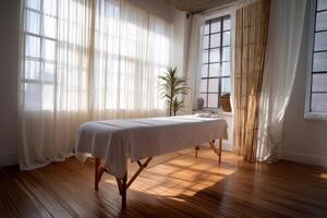 Empty massage table in sunlit room with sheer curtains and bamboo screen photo