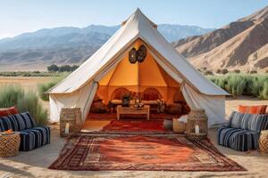 Glamping tent with desert mountain view offering relaxing wilderness experience photo