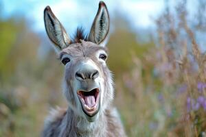 Donkey braying in the meadow with open mouth photo