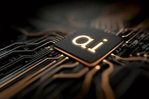 Artificial intelligence chip glowing on motherboard, futuristic computing power photo