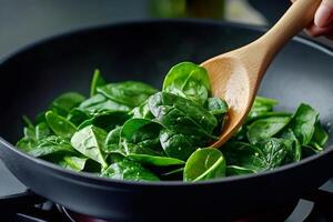 Sauteing fresh spinach leaves with wooden spoon in a pan photo