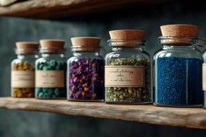 Glass jars with cork lids containing colorful herbs and spices resting on wooden shelf photo