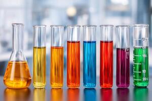 Erlenmeyer flask and test tubes containing colorful reagents on table in laboratory photo