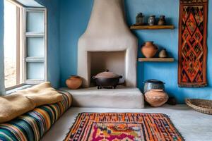 Cozy rustic room with fireplace, rugs, and pottery displaying traditional interior design photo