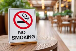 No smoking sign displayed on table in blurred restaurant interior photo