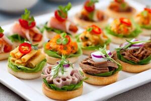 Delicious assorted canapes displayed on a white rectangular platter photo