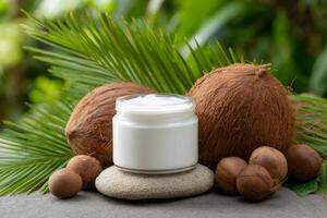 Jar of natural organic coconut cream resting on stone with coconuts and palm leaf in tropical setting photo