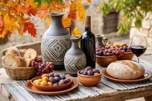 Autumn still life with wine, bread, grapes, and plums on rustic table photo