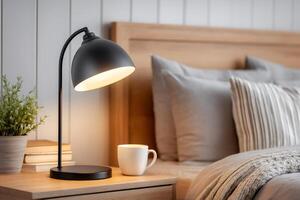 Modern black lamp illuminating cozy bedroom with cup and plant on nightstand photo