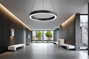 Modern empty hallway with minimalist design and circular hanging lamp photo