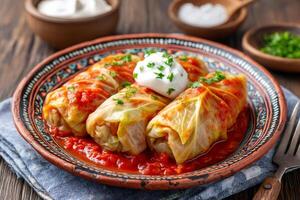 Cabbage rolls topped with sour cream and parsley on rustic plate photo