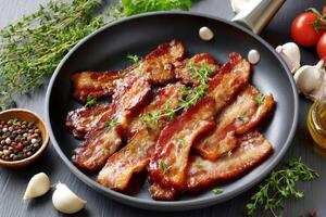 Delicious crispy bacon sizzling in a frying pan with fresh thyme photo