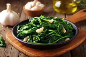 Sauteed spinach with garlic in a cast iron skillet on rustic wooden table photo