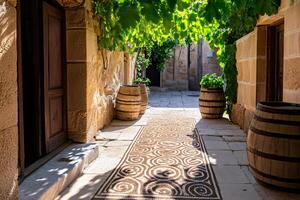 Sunlight filtering through grapevines onto mosaic tile path in picturesque courtyard photo