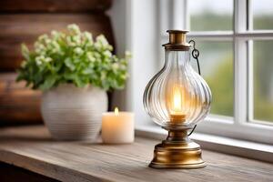 Luminous lantern illuminating rustic window sill with glowing candle photo