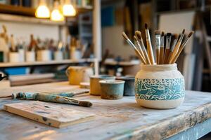 Paintbrushes in ceramic pot resting on table in art studio photo