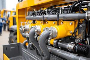 Close up of powerful yellow industrial machine engine demonstrating mechanical engineering photo