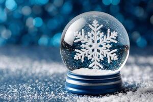 Snow globe showing snowflake on sparkling blue background symbolizing winter holidays photo