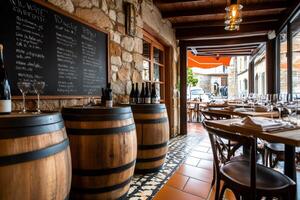 Wine bar interior with chalkboard menu and barrels displaying wine bottles photo