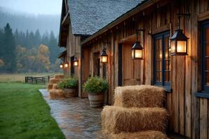 Cozy wooden barn illuminated by warm lights on a rainy autumn day photo