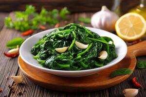 Steamed spinach with garlic cloves, lemon and spices on wooden table photo