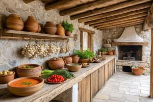 Rustic kitchen showing traditional cooking with fresh ingredients and clay pots photo